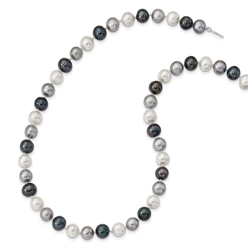 Sterling Silver Rh-Pl 8-9mm Bk/Gr/Wt Semi-Round Fwc Pearl Necklace