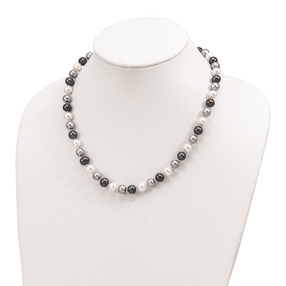 Sterling Silver Rh-Pl 8-9mm Bk/Gr/Wt Semi-Round Fwc Pearl Necklace