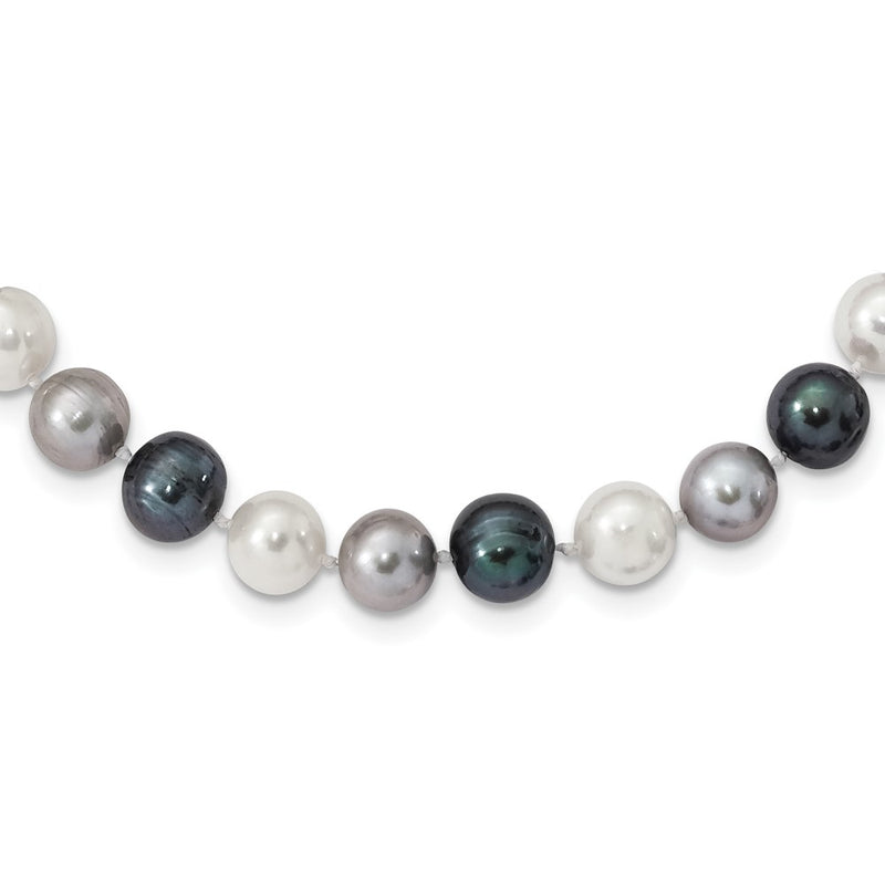 Sterling Silver Rh-Pl 8-9mm Bk/Gr/Wt Semi-Round Fwc Pearl Necklace