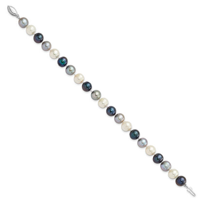 7.5 Inch Sterling Silver Rh-Pl 8-9mm Bk/Gr/Wt Semi-Round Fwc Pearl Bracelet