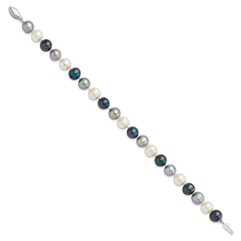 7.5 Inch Sterling Silver Rh-Pl 8-9mm Bk/Gr/Wt Semi-Round Fwc Pearl Bracelet