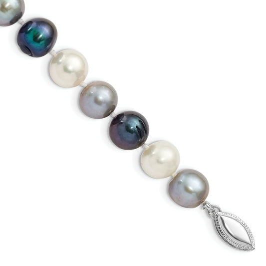 7.5 Inch Sterling Silver Rh-Pl 8-9mm Bk/Gr/Wt Semi-Round Fwc Pearl Bracelet