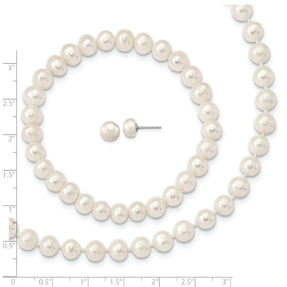 Sterling Silver Rh-P 7-8mm White Fwc Pearl Earring Bracelet Necklace Set