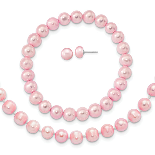 Sterling Silver Rh-P 7-8mm Pink Fwc Pearl Earring Bracelet Necklace Set