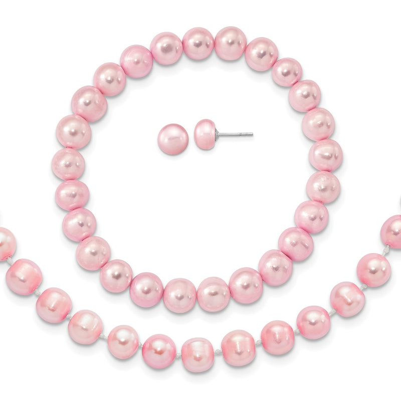 Sterling Silver Rh-P 7-8mm Pink Fwc Pearl Earring Bracelet Necklace Set