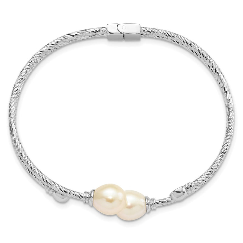 Sterling Silver Rhod-Pl 8X10mm White Teardrop Fwc Pearl Hinged Bangle