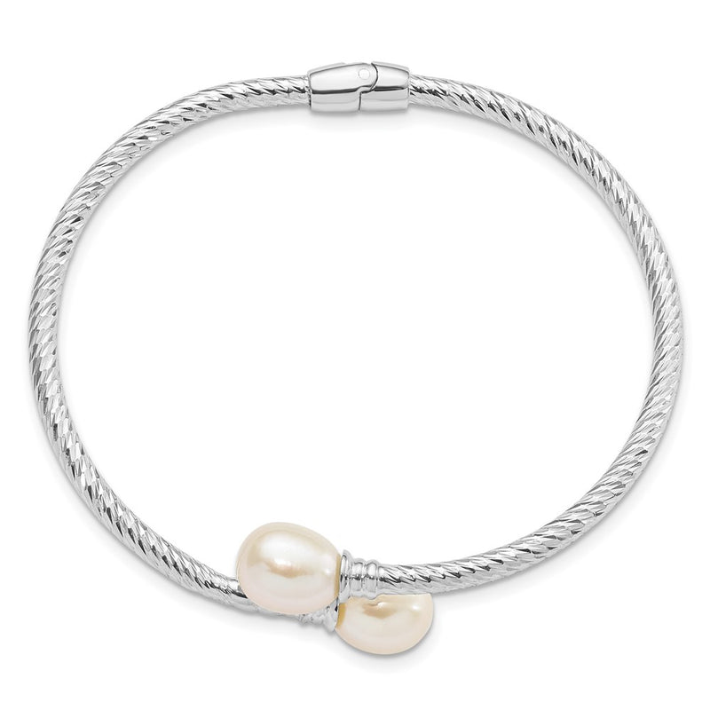 Sterling Silver Rh-Pl 8-9mm White Rice Fwc Pearl Hinged Bangle