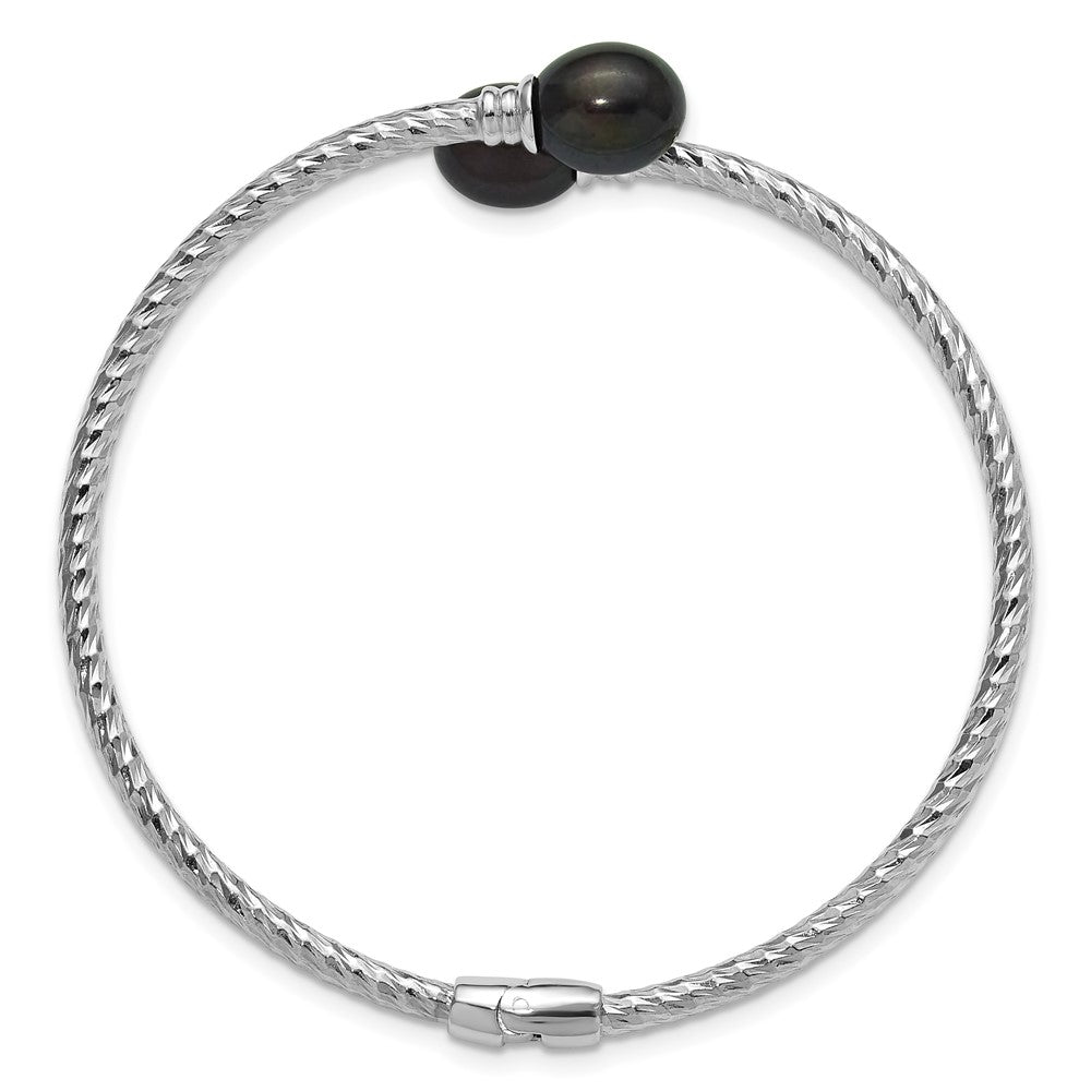 Sterling Silver Rhodium Plated 8-9mm Rice Black Fwc Pearl Hinged Bangle