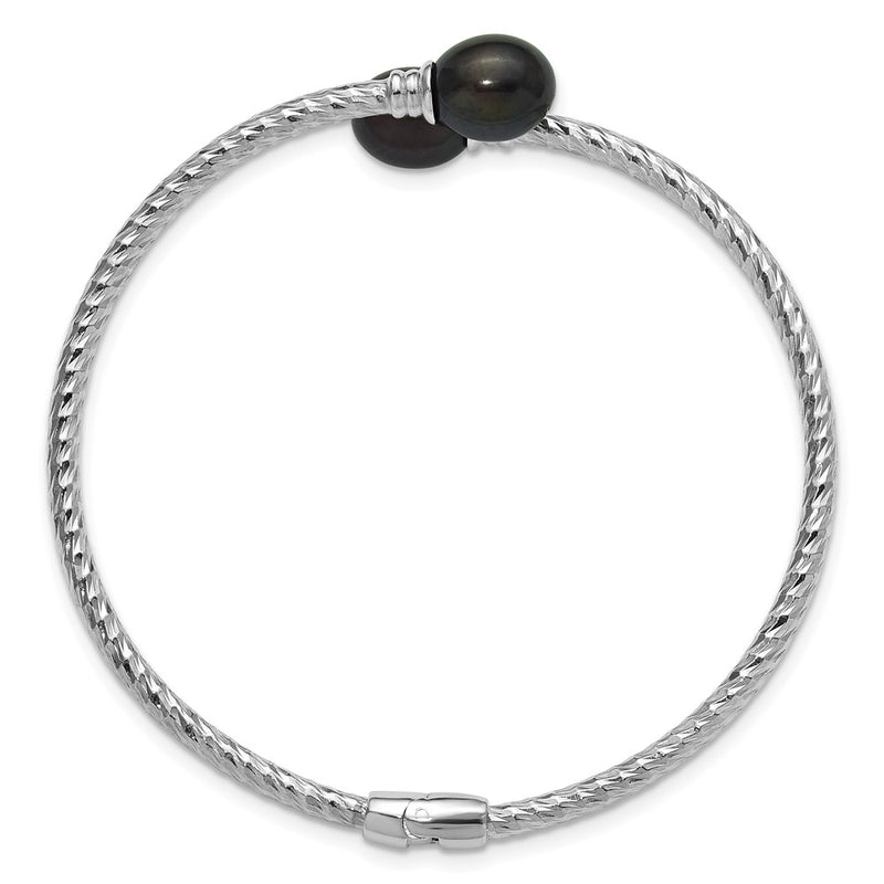 Sterling Silver Rhodium Plated 8-9mm Rice Black Fwc Pearl Hinged Bangle