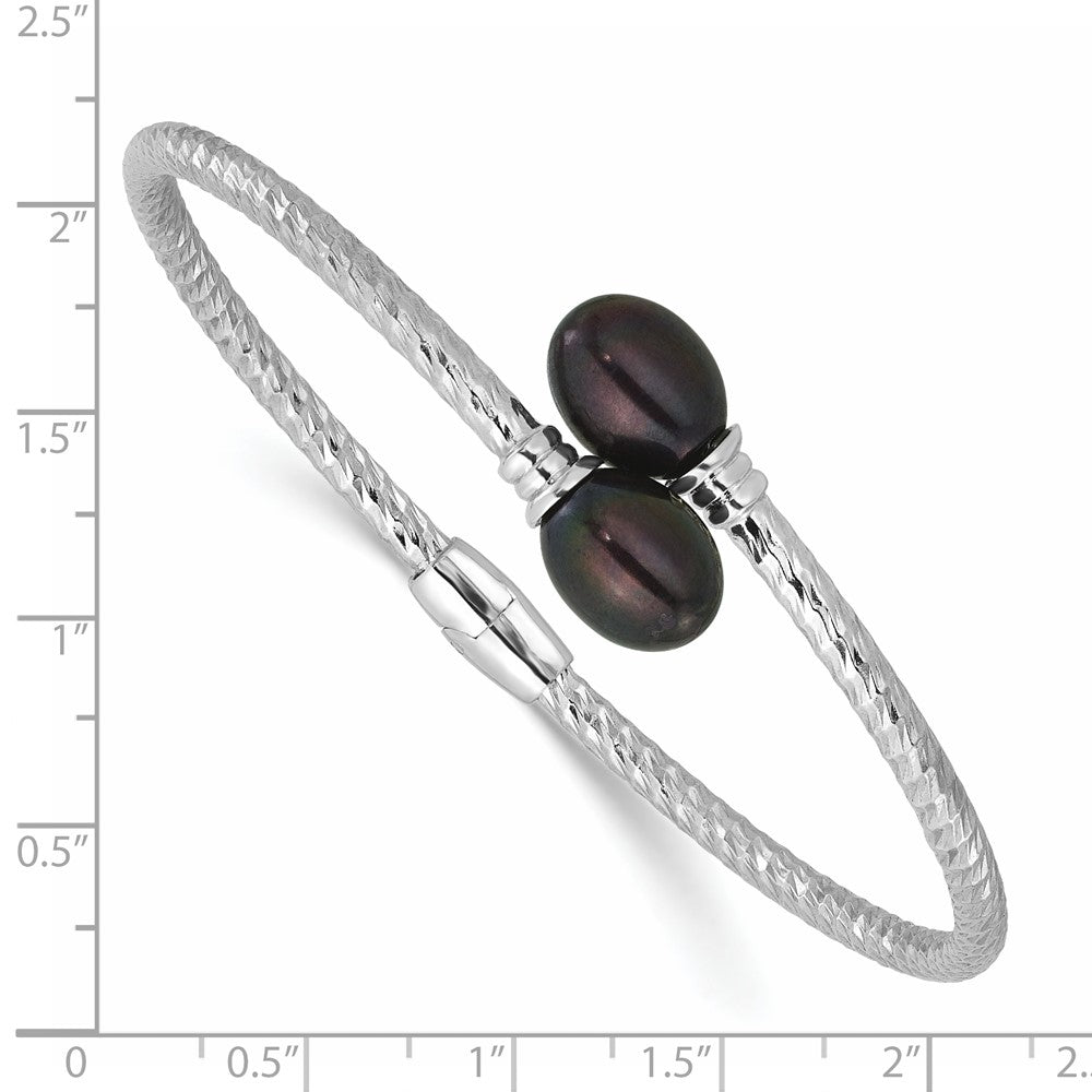Sterling Silver Rhodium Plated 8-9mm Rice Black Fwc Pearl Hinged Bangle