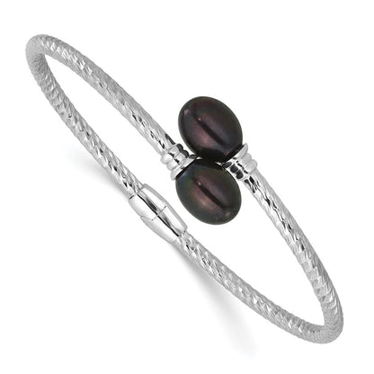 Sterling Silver Rhodium Plated 8-9mm Rice Black Fwc Pearl Hinged Bangle