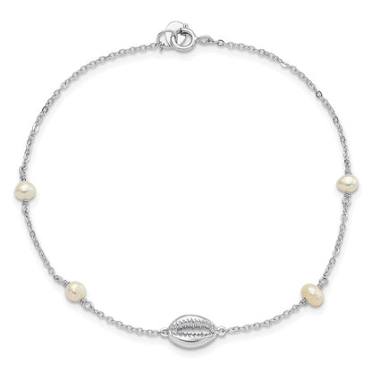 7.5 Inch Sterling Silver Rhodium-Plated Cowrie Shell & Semi-Round Fwc Pearl Bracelet