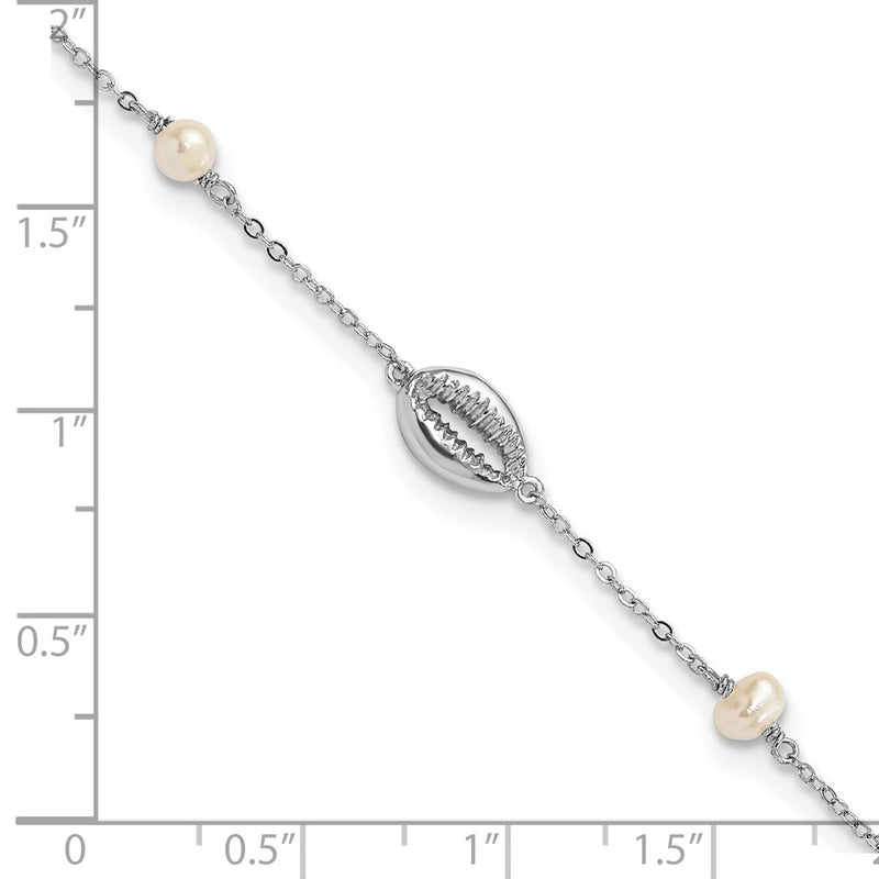 7.5 Inch Sterling Silver Rhodium-Plated Cowrie Shell & Semi-Round Fwc Pearl Bracelet
