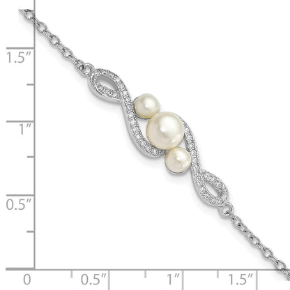 9 Inch Sterling Silver Rh-Pl Cz 4-7mm White Button Fwc Pearl W/ 2In Ext. Bracelet