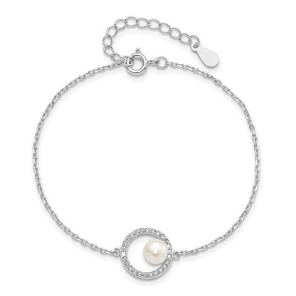 Sterling Silver Rh-Pl Cz 6-7mm White Button Fwc Pearl W/ 1.25In Ext Bracele
