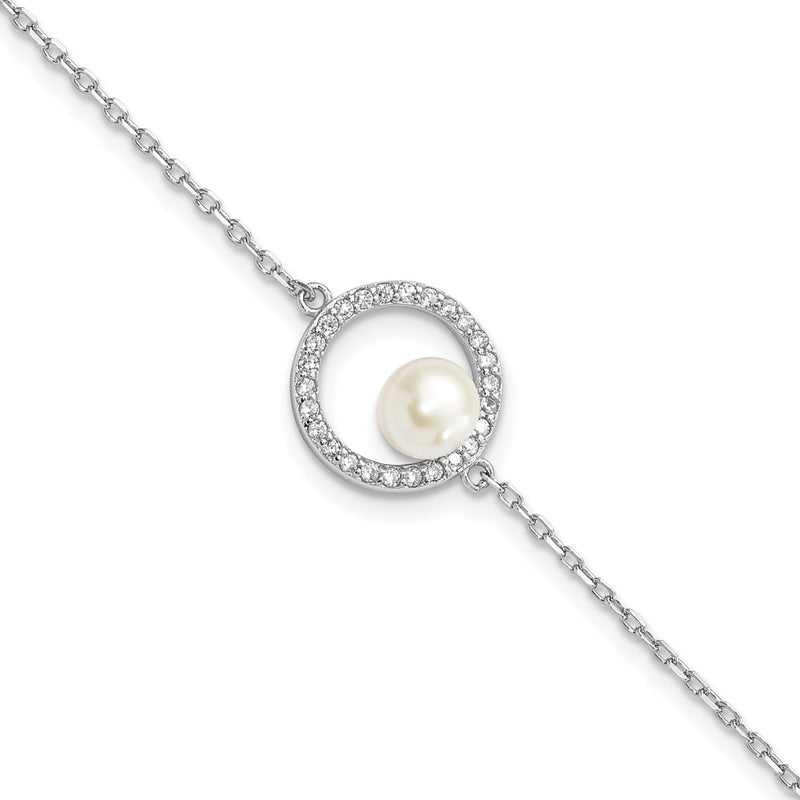 Sterling Silver Rh-Pl Cz 6-7mm White Button Fwc Pearl W/ 1.25In Ext Bracele