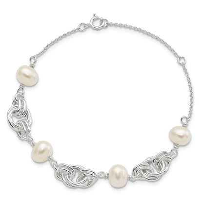 7.25 Inch Sterling Silver Polished Glass Pearl W/ 1 In Ext. Bracelet