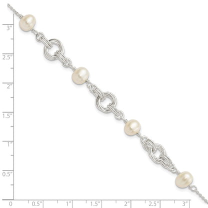 7.25 Inch Sterling Silver Polished Glass Pearl W/ 1 In Ext. Bracelet