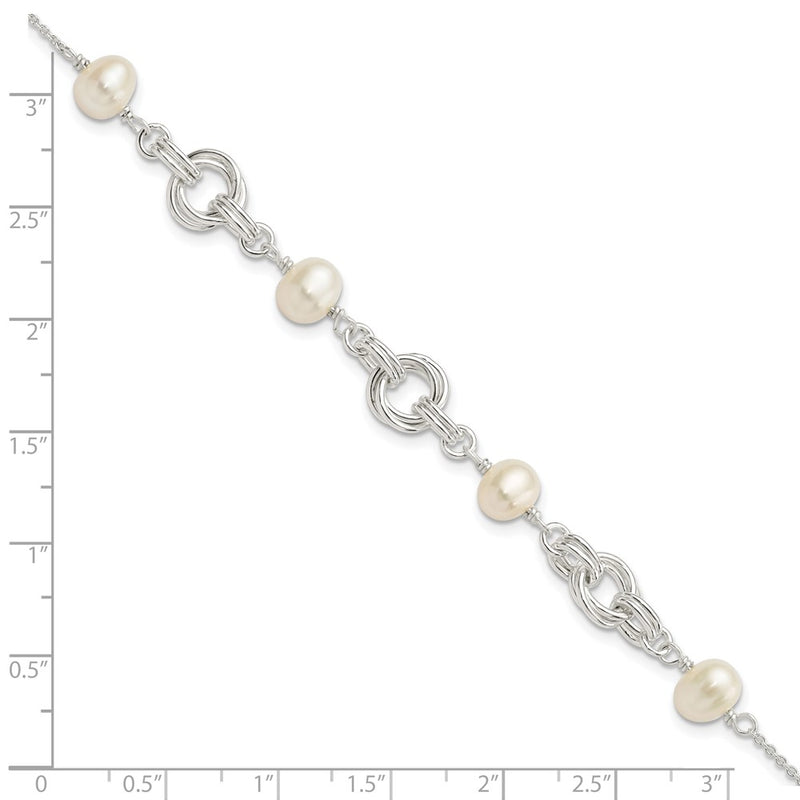 7.25 Inch Sterling Silver Polished Glass Pearl W/ 1 In Ext. Bracelet