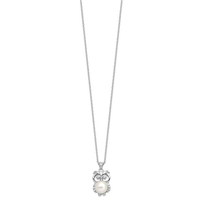 Sterling Silver Rhodium-Plated Cz 8-9mm White Button Fwc Pearl Owl Necklace