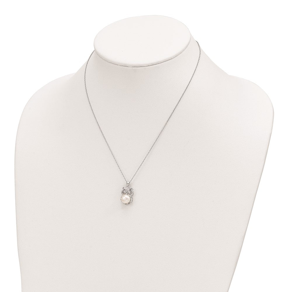 Sterling Silver Rhodium-Plated Cz 8-9mm White Button Fwc Pearl Owl Necklace