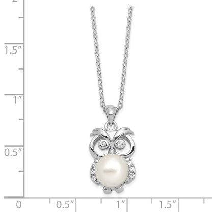 Sterling Silver Rhodium-Plated Cz 8-9mm White Button Fwc Pearl Owl Necklace