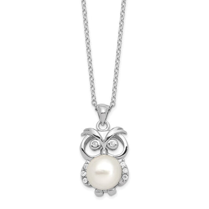 Sterling Silver Rhodium-Plated Cz 8-9mm White Button Fwc Pearl Owl Necklace