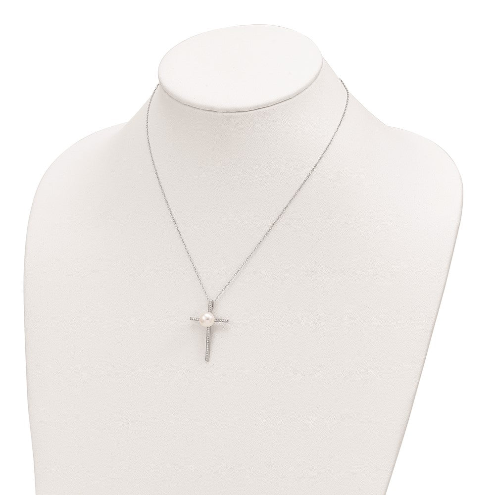 Sterling Silver Rhodium-Plated 8-9mm Button Fwc Pearl Cz Cross Necklace
