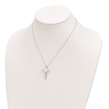 Sterling Silver Rhodium-Plated 8-9mm Button Fwc Pearl Cz Cross Necklace