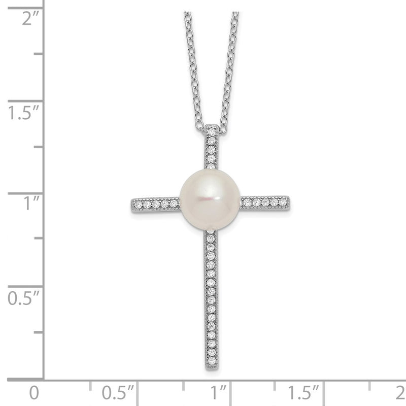 Sterling Silver Rhodium-Plated 8-9mm Button Fwc Pearl Cz Cross Necklace