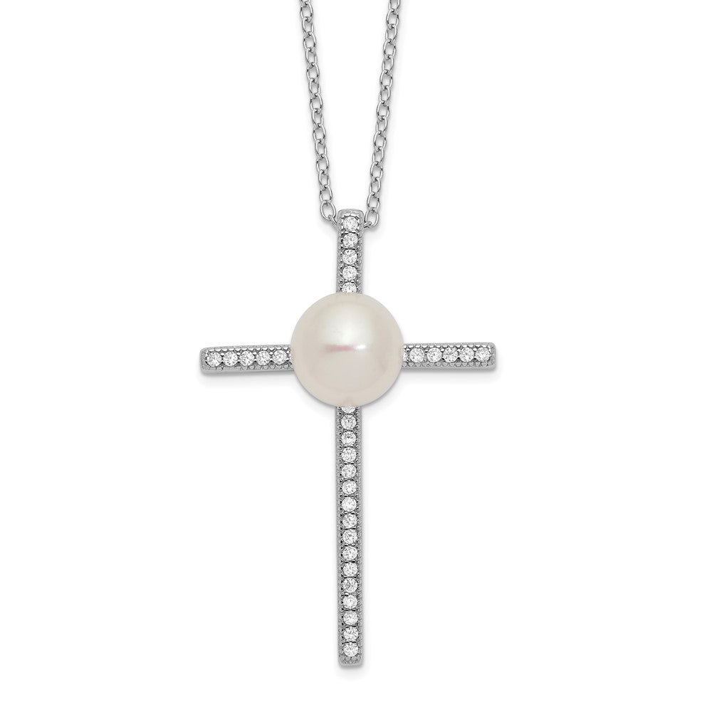 Sterling Silver Rhodium-Plated 8-9mm Button Fwc Pearl Cz Cross Necklace