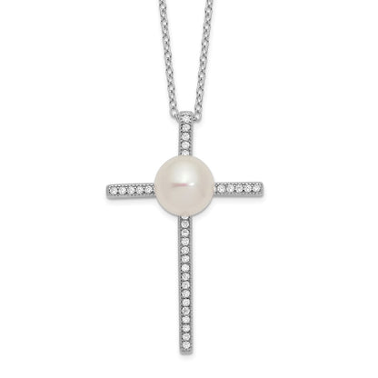 Sterling Silver Rhodium-Plated 8-9mm Button Fwc Pearl Cz Cross Necklace