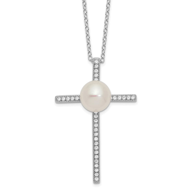 Sterling Silver Rhodium-Plated 8-9mm Button Fwc Pearl Cz Cross Necklace
