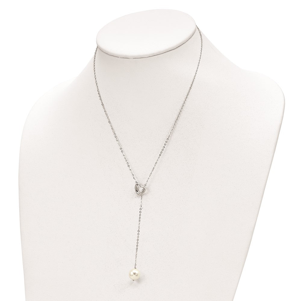 Sterling Silver Rhodium-Plated Imitation Shell Pearl Heart Necklace