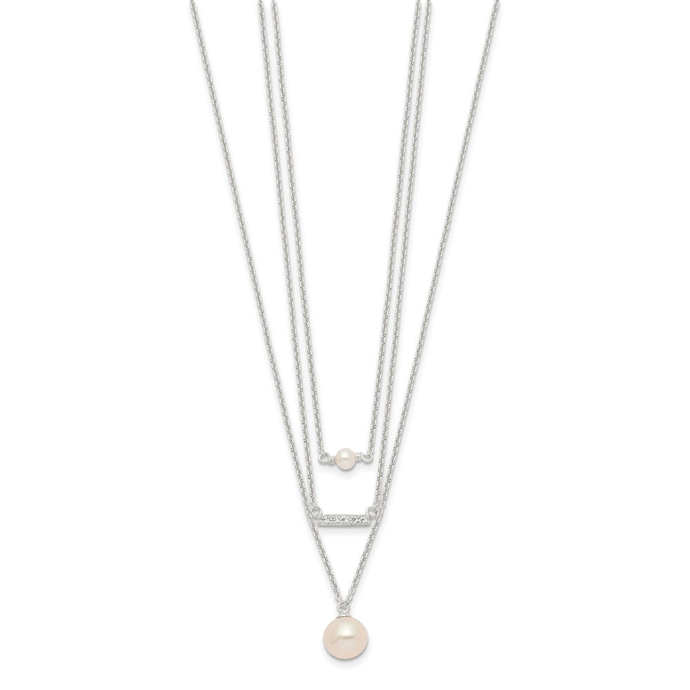 Sterling Silver Rhodium-Plated Multi Strand Cz And Glass Pearl Necklace