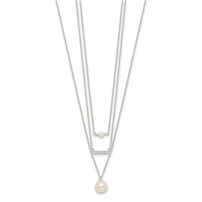 Sterling Silver Rhodium-Plated Multi Strand Cz And Glass Pearl Necklace