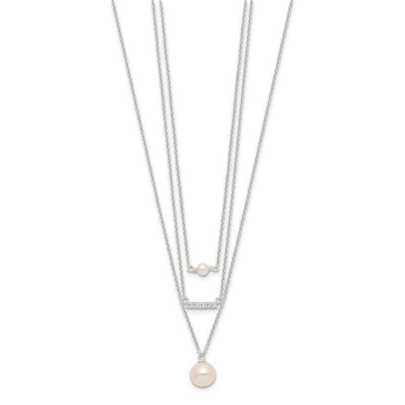 Sterling Silver Rhodium-Plated Multi Strand Cz And Glass Pearl Necklace