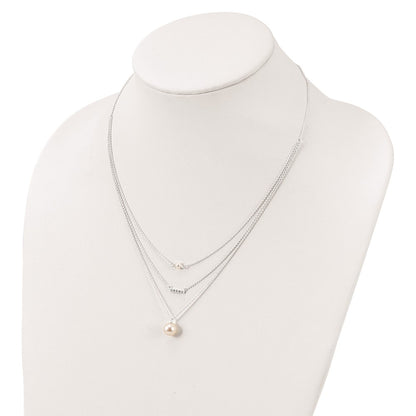 Sterling Silver Rhodium-Plated Multi Strand Cz And Glass Pearl Necklace