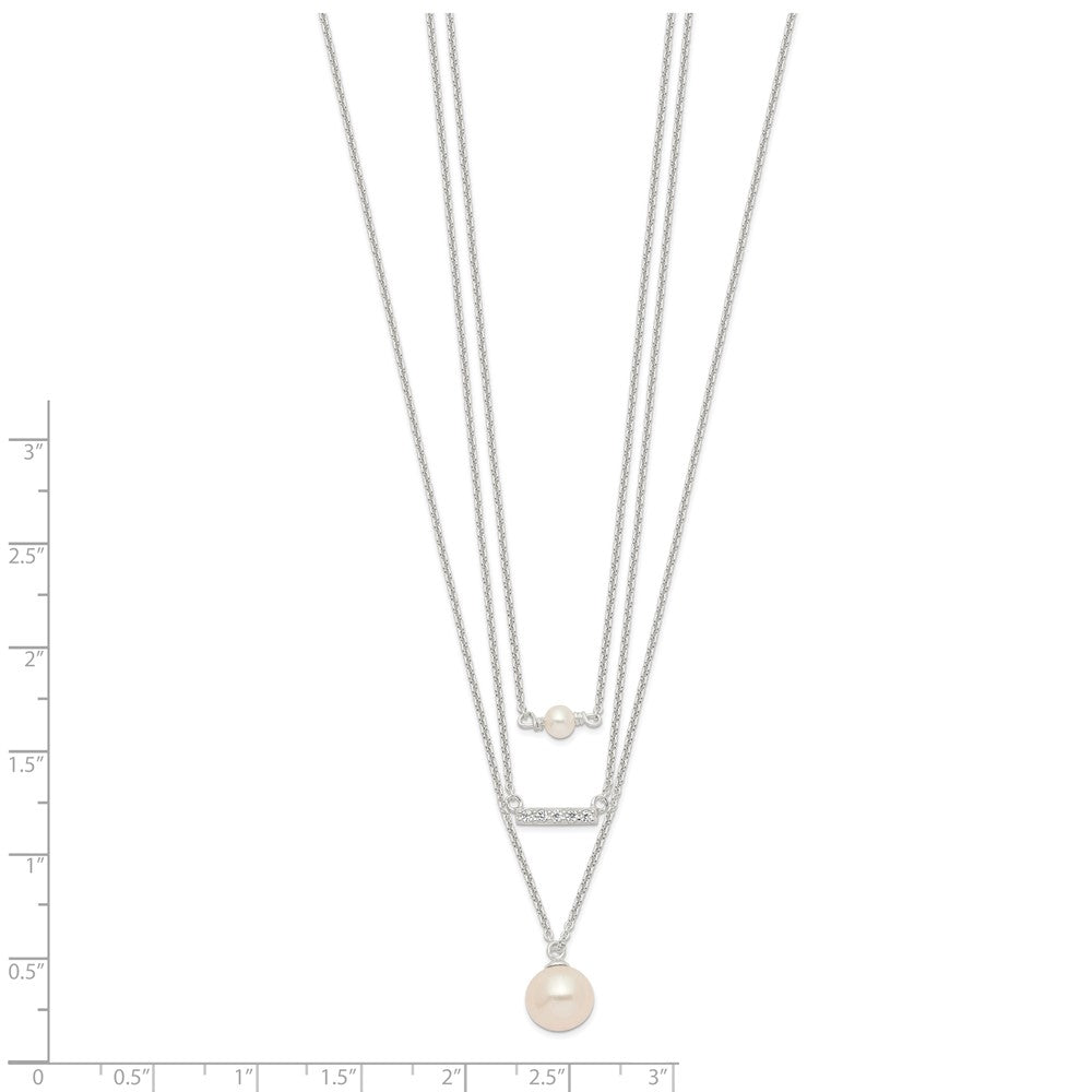 Sterling Silver Rhodium-Plated Multi Strand Cz And Glass Pearl Necklace