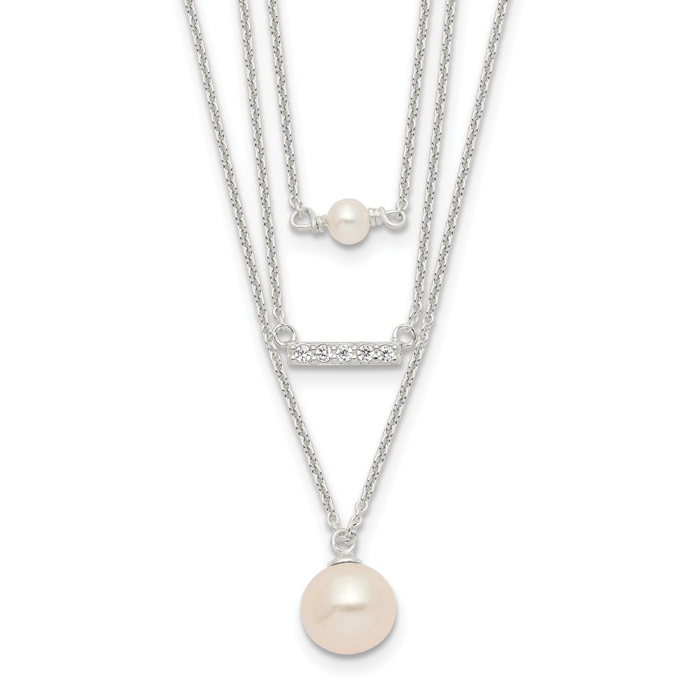 Sterling Silver Rhodium-Plated Multi Strand Cz And Glass Pearl Necklace