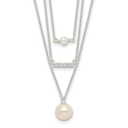 Sterling Silver Rhodium-Plated Multi Strand Cz And Glass Pearl Necklace