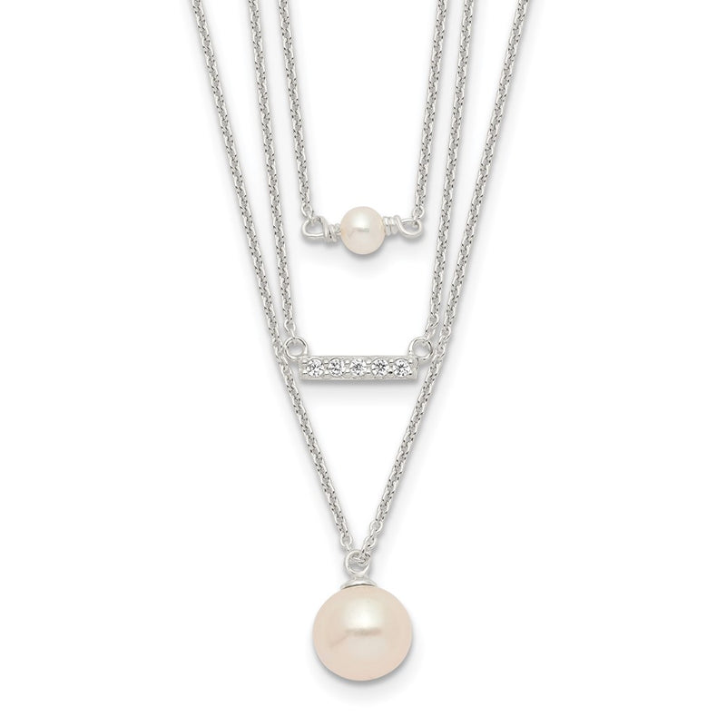 Sterling Silver Rhodium-Plated Multi Strand Cz And Glass Pearl Necklace