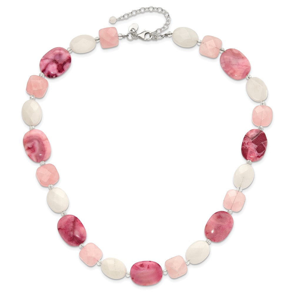 Sterling Silver Pink Agate/quartz, Jade, Crystal w/2in Ext Necklace