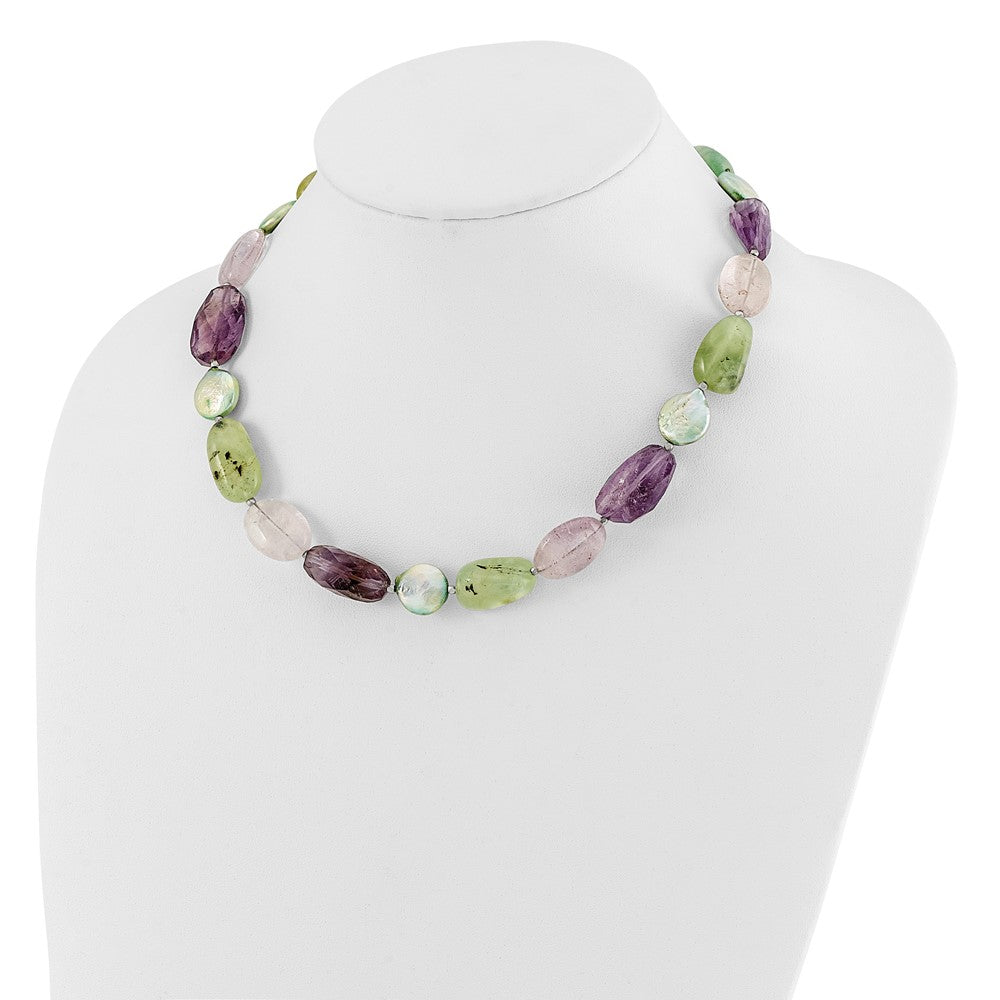Sterling Silver Amethyst, Green Pearl and Prehnite 2in Ext Necklace