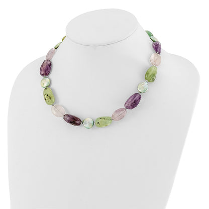 Sterling Silver Amethyst, Green Pearl and Prehnite 2in Ext Necklace