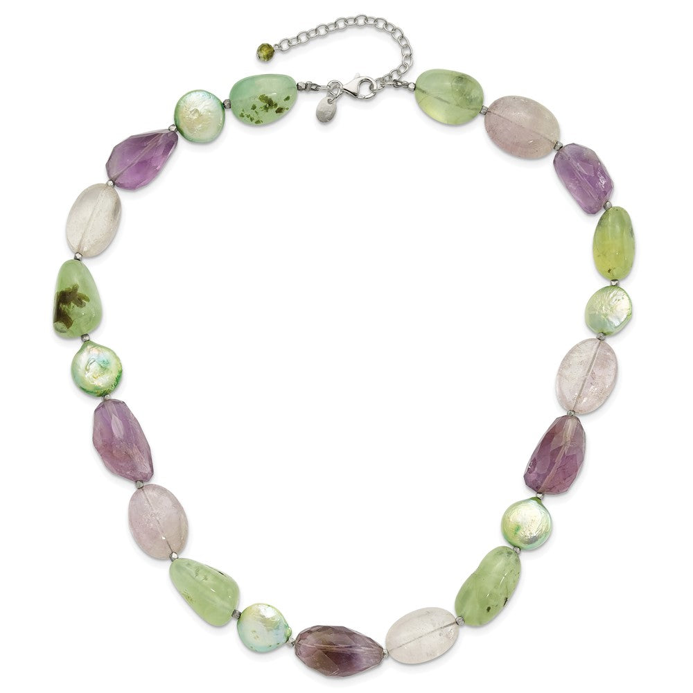 Sterling Silver Amethyst, Green Pearl and Prehnite 2in Ext Necklace