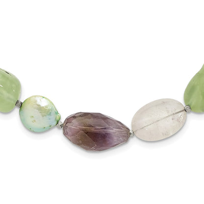 Sterling Silver Amethyst, Green Pearl and Prehnite 2in Ext Necklace
