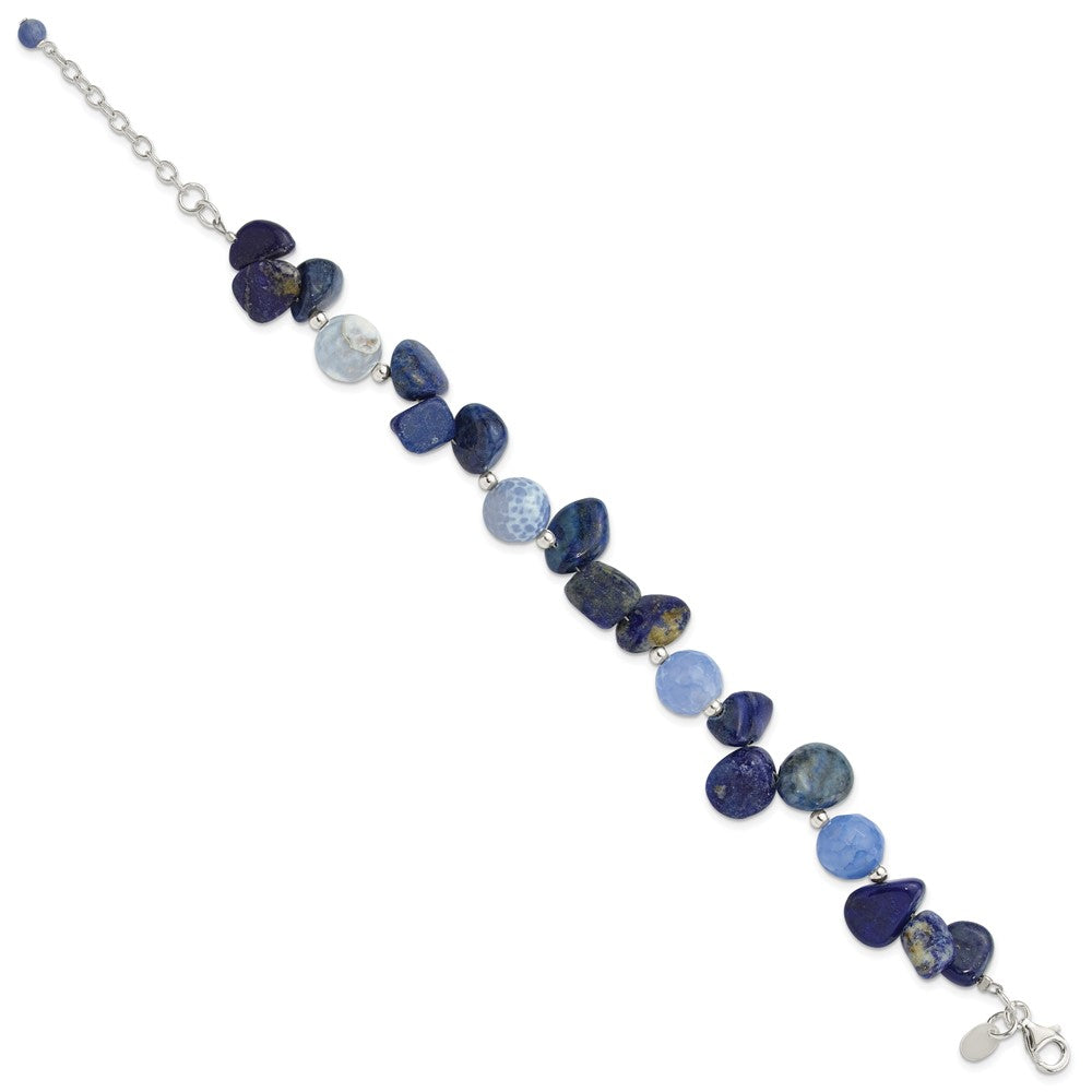 Sterling Silver Agate W/shell, Lapis and Sodalite w/1in Ext Bracelet