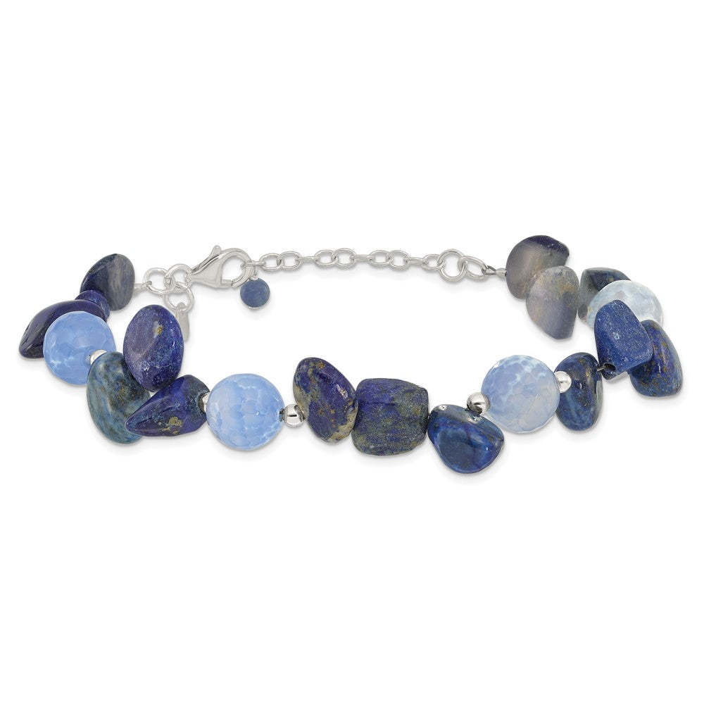 Sterling Silver Agate W/shell, Lapis and Sodalite w/1in Ext Bracelet