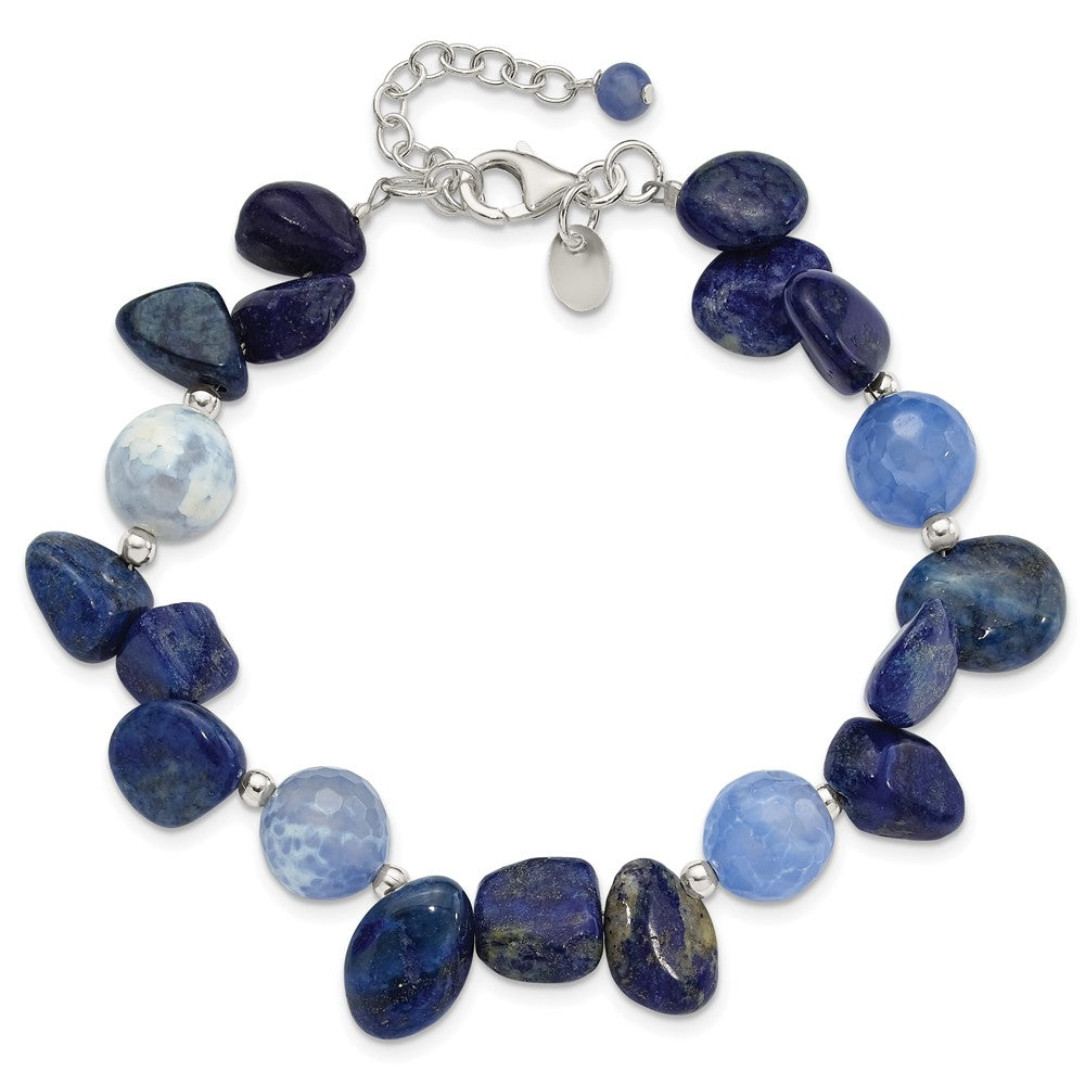 Sterling Silver Agate W/shell, Lapis and Sodalite w/1in Ext Bracelet